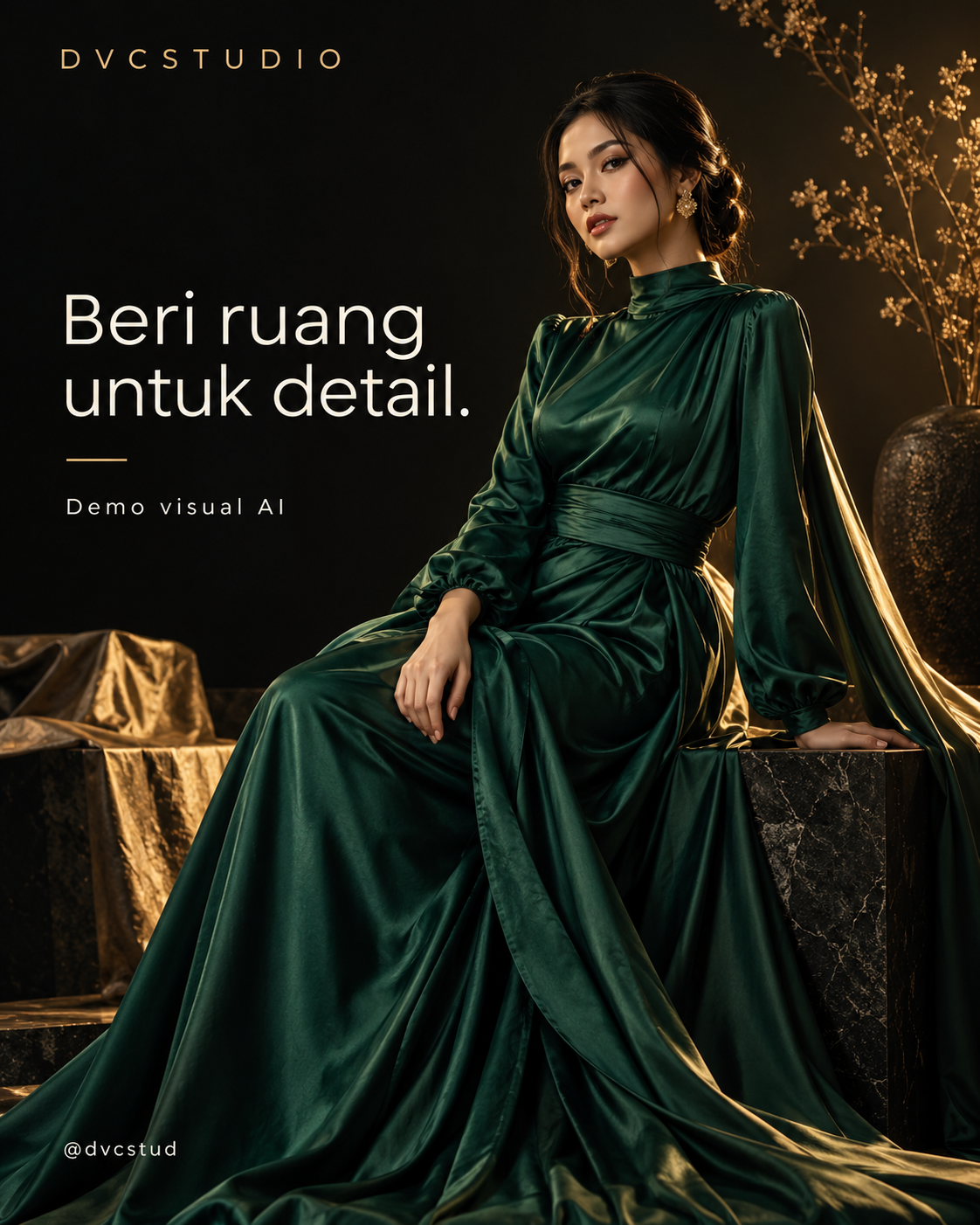 Konsep fashion AI dengan busana satin hijau dan pencahayaan emas
