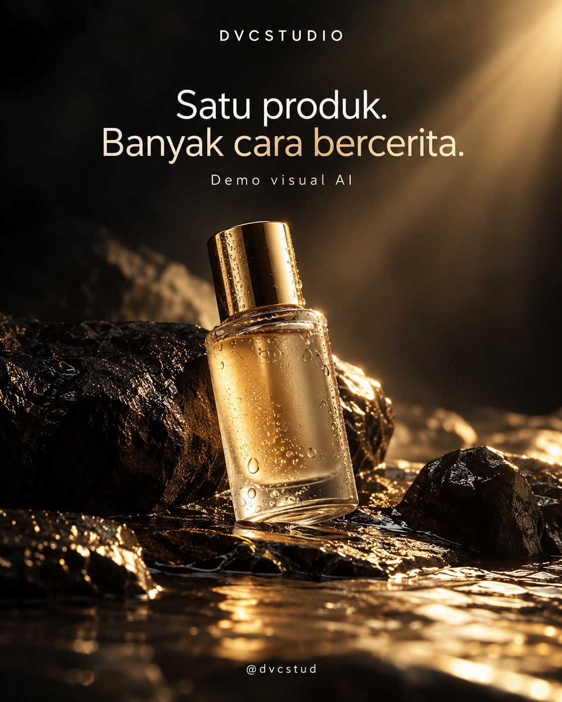 Botol skincare konsep dengan pencahayaan emas dan batu hitam