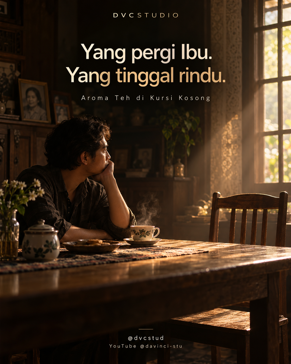 Pria duduk di samping kursi kosong dengan teh, poster cerita kerinduan